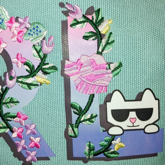 Karl Lagerfeld Paris Aqua / Pink / Blue Canvass Tote with Karl & Cat & F… - Picture 8 of 8